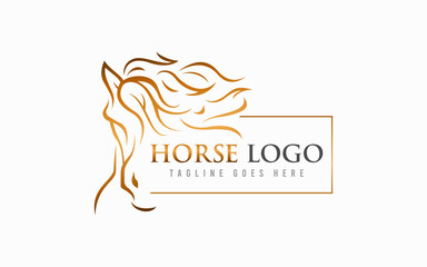 Abstract Golden Horse Logo Design. Luxury Horse Logo Design Usable For Business, Foundation, Industrial, Services Company. Flat Vector Logo Design.