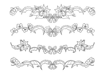 ポインセチアと柊、ベルとリボンを用いたフレーム　ライン素材線画