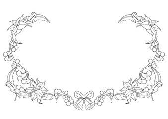 ポインセチアと柊、ベルとリボンを用いたフレーム横　線画