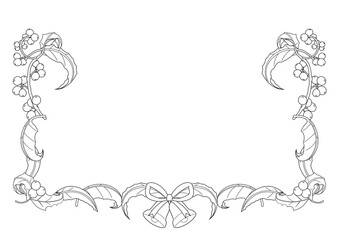 ポインセチアと柊、ベルとリボンを用いたフレーム横