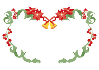 ポインセチアと柊、ベルとリボンを用いたフレーム横