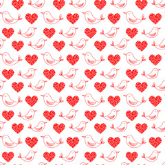 Pattern with birds and a red heart. Festive for Valentines Day. Vector illustration. For packaging, textiles, scrapbooking and decoration.