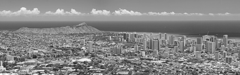 Black and white panorama of Honolulu skyline including Diamond Head and Waikiki 