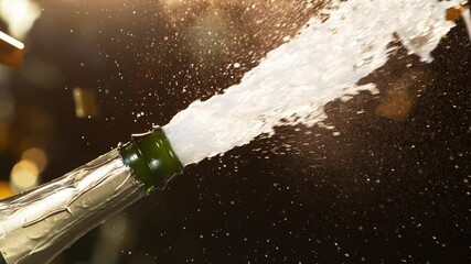 Super slow motion of Champagne explosion, opening champagne bottle closeup. Filmed on high speed cinema camera, 1000fps - Powered by Adobe