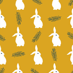 Seamless pattern with rabbits and branch.