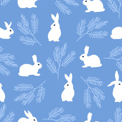 Seamless pattern with rabbits and branch.