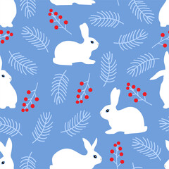 Seamless pattern with rabbits and branch.