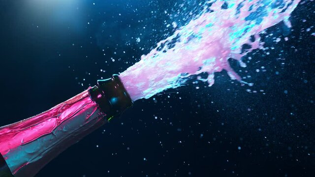 Super slow motion of Champagne explosion, opening champagne bottle closeup. Filmed on high speed cinema camera, 1000fps