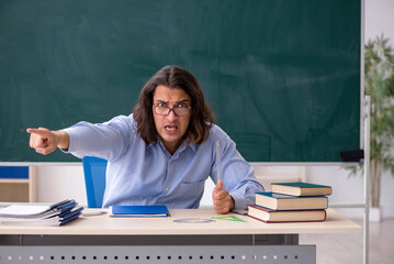 Young male teacher in front of green board