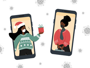 Christmas video call. African girlfriends in face masks sharing gifts online. New Year online party. Women celebrating holidays on video chat. Merry and safe. Vector illustration in flat cartoon style