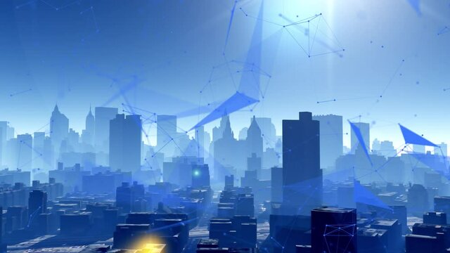 4k urban building and skyscrapers;artificial intelligence word tag cloud;Keywords AI word cloud.abstract tech geometrical lines nodes with moving triangles and connection dots.