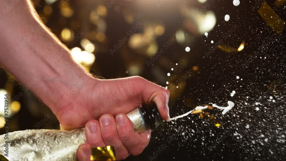 Wall mural super slow motion of champagne explosion, opening champagne bottle closeup. filmed on high speed cin