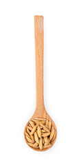 Dry white rice in wood spoon isolated on a white background