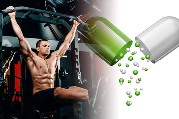 Bodybuilder in the gym and pills. Vitamin supplement and sports nutrition for bodybuilding or...