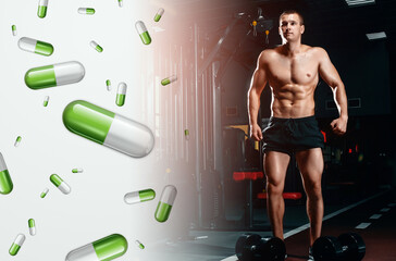 Bodybuilder in the gym and pills. Vitamin supplement and sports nutrition for bodybuilding or fitness. Mixed media.