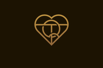 Abstract initials Q and T logo, gold colour line style heart and letter combination, usable for brand, card and invitation, logo design template element,vector illustration