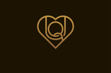 Abstract initials Q and U logo, gold colour line style heart and letter combination, usable for brand, card and invitation, logo design template element,vector illustration