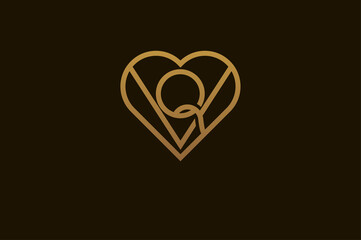 Abstract initials Q and V logo, gold colour line style heart and letter combination, usable for brand, card and invitation, logo design template element,vector illustration