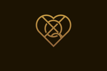 Abstract initials Q and X logo, gold colour line style heart and letter combination, usable for brand, card and invitation, logo design template element,vector illustration