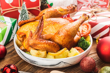 Roasted whole chicken with Christmas decoration.