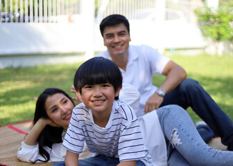 Happiness young family and resting at home in holiday weekend.