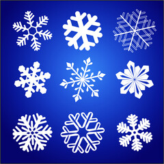 set of snowflakes on blue background