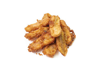 The close up of Thai tasty deep-fried sliced banana (Kluay khek) snack  vegetarian food isolated on white background.