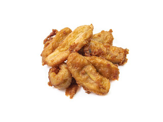 The close up of Thai tasty deep-fried sliced banana (Kluay khek) snack  vegetarian food isolated on white background.