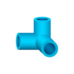 PVC plastic pipe fitting vector icon. 90 degree side outlet ell or corner fitting. Consist of slip socket opening 3 end. Part for frame or structure to build box, cube, desk, table or furniture.