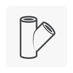 PVC plastic pipe fitting vector icon. 3 way 45 Degree (WYE) with slip socket opening 3 end (solvent weld). For connect pipe in pipeline for plumbing, drainage, vent, waste, sewage and water supply.