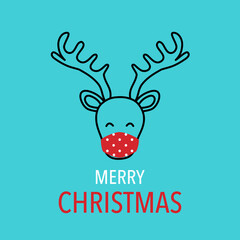 Reindeer wearing red medical face mask and in line art. Merry Christmas festival celebration in Covid-19 Coronavirus outbreak concept vector. Season greetings.	