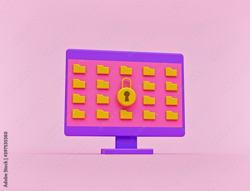 Poster computer monitor with folder and lock. minimal design. digital data protection concept. 3d rendering