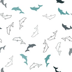 Light Blue, Green vector seamless background with dolphins.