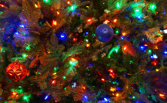 Close Up On Christmas Tree With Colorful Light