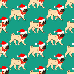 Pug in christmas costume vector seamless pattern