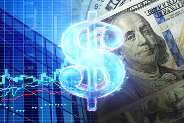 US dollar hologram on the background of the financial chart. Economy concept, business investment, economic crisis, decline in profits, recession. mixed media.