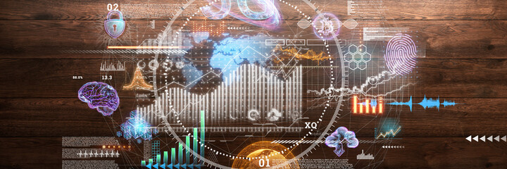 Financial chart hologram, graph on office laptop top view. Concept for analytics, business, banking and accounting, investment. Mixed media.