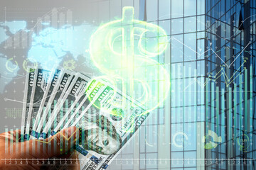 US dollar hologram on the background of the financial chart. Economy concept, business investment,...