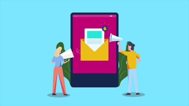 Online sales and digital marketing, company people on social media promotion and email marketing campaign. Affiliate marketing concept. 2d animation.