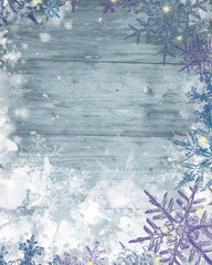 Frozen Wood Background Decorated with Arched Snowflake on Right. Great for New Year, Christmas, and Winter Holiday Decoration.