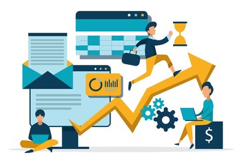 Illustration of a business, office workers study infographics on a graph of columns, analyze the evolutionary scale, business negotiations. Tiny people illustration. Vector illustration