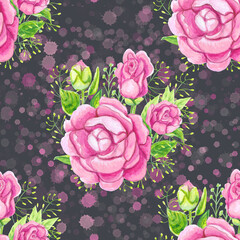 Seamless pattern with pink roses. Watercolor floral seamless background