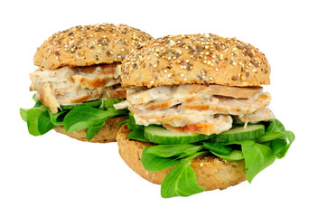 Roast chicken and salad sandwiches in multi seed topped bread rolls isolated on a white background