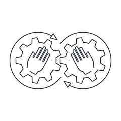 Hands on gears and rotation arrows. Management process. Precise manual adjustment and tuning of computer programs, mechanisms. Vector linear icon isolated on white background.