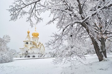 Winter wonderland in the city. Khabarovsk, St. Seraphim of Sarov church. Far East, Russia.