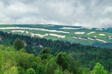 Idyllic landscape in the Caucasus mountains with fresh green meadows and snow-capped mountain peaks in the background.