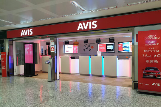 Avis car rental office in Milan Malpensa Airport. Avis is an American leading rental car provider to the commercial segment serving business travelers. Milan, Italy - 30 OCT 2019.