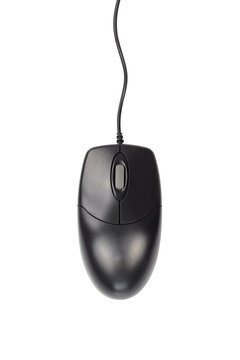 Black computer mouse isolated on white background with clipping path. top view.