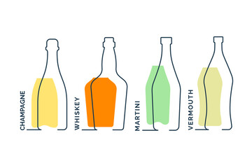 Bottle champagne whiskey martini and vermouth continuous line in linear style on white background. Black thin outline and color fill. Modern flat style graphic design. Contour drink illustration