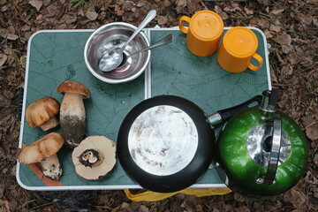 porcini mushrooms skillet teapot glasses on the tourist table camping in the woods